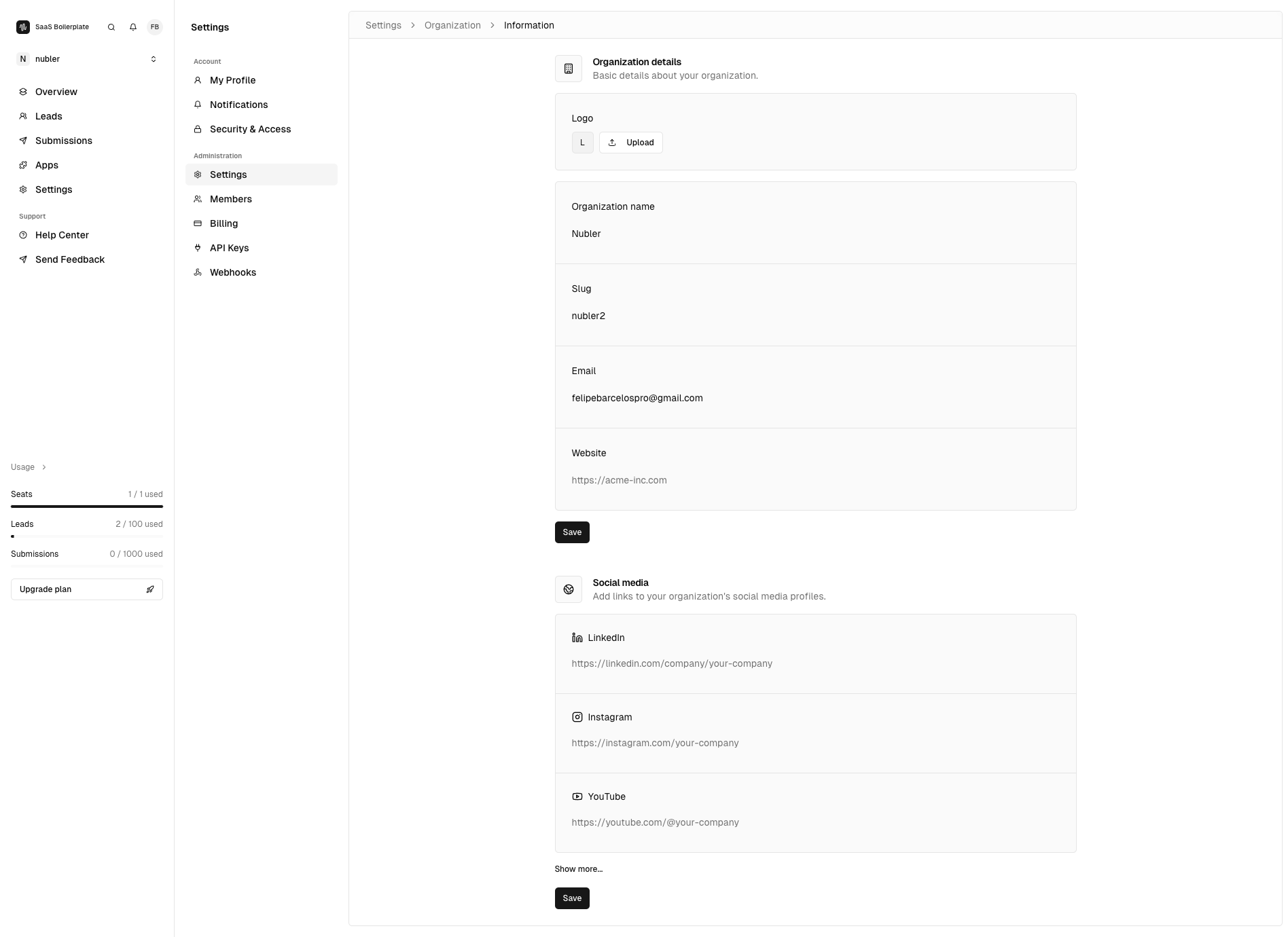The Organization Information page in the settings section.