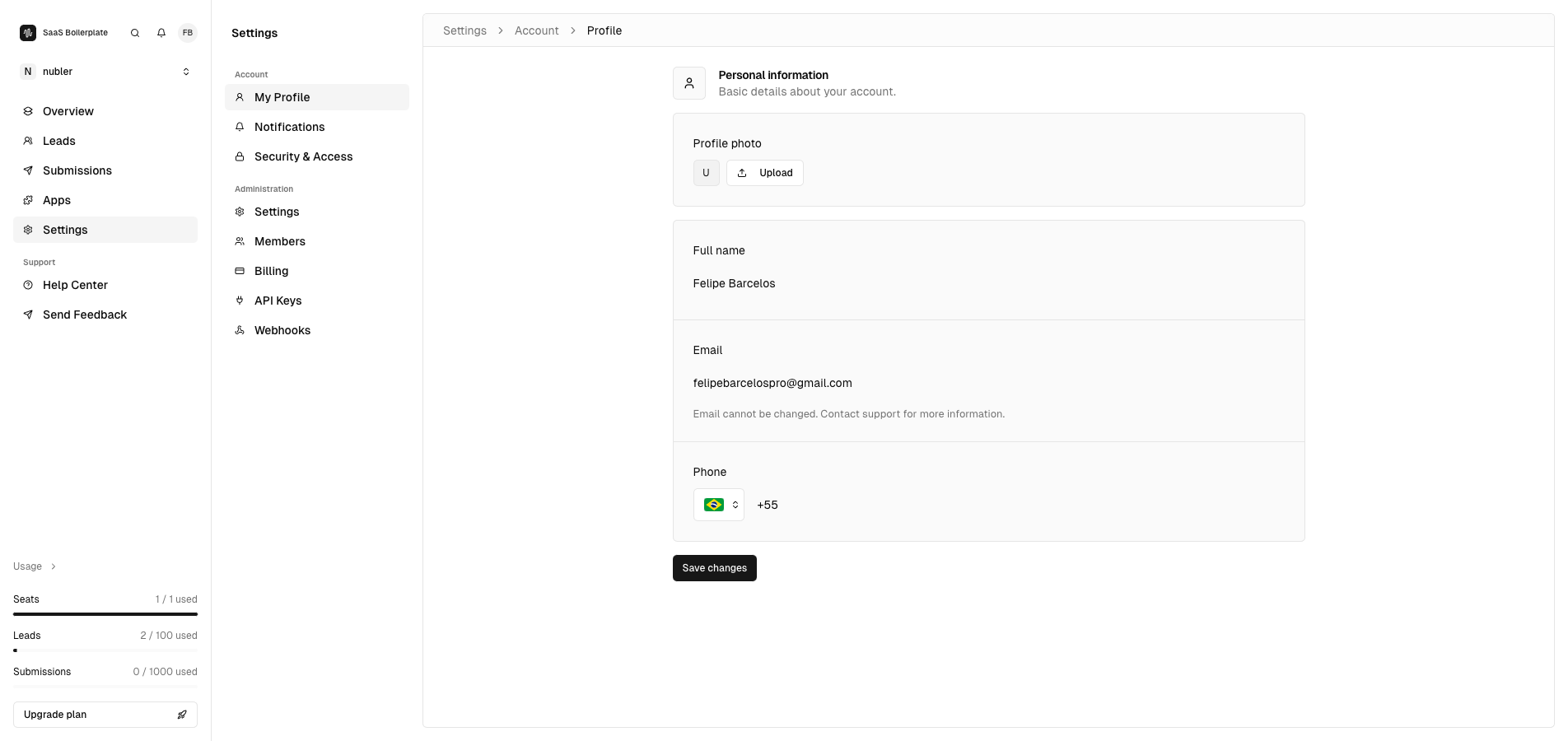 The Profile page showing personal information settings.