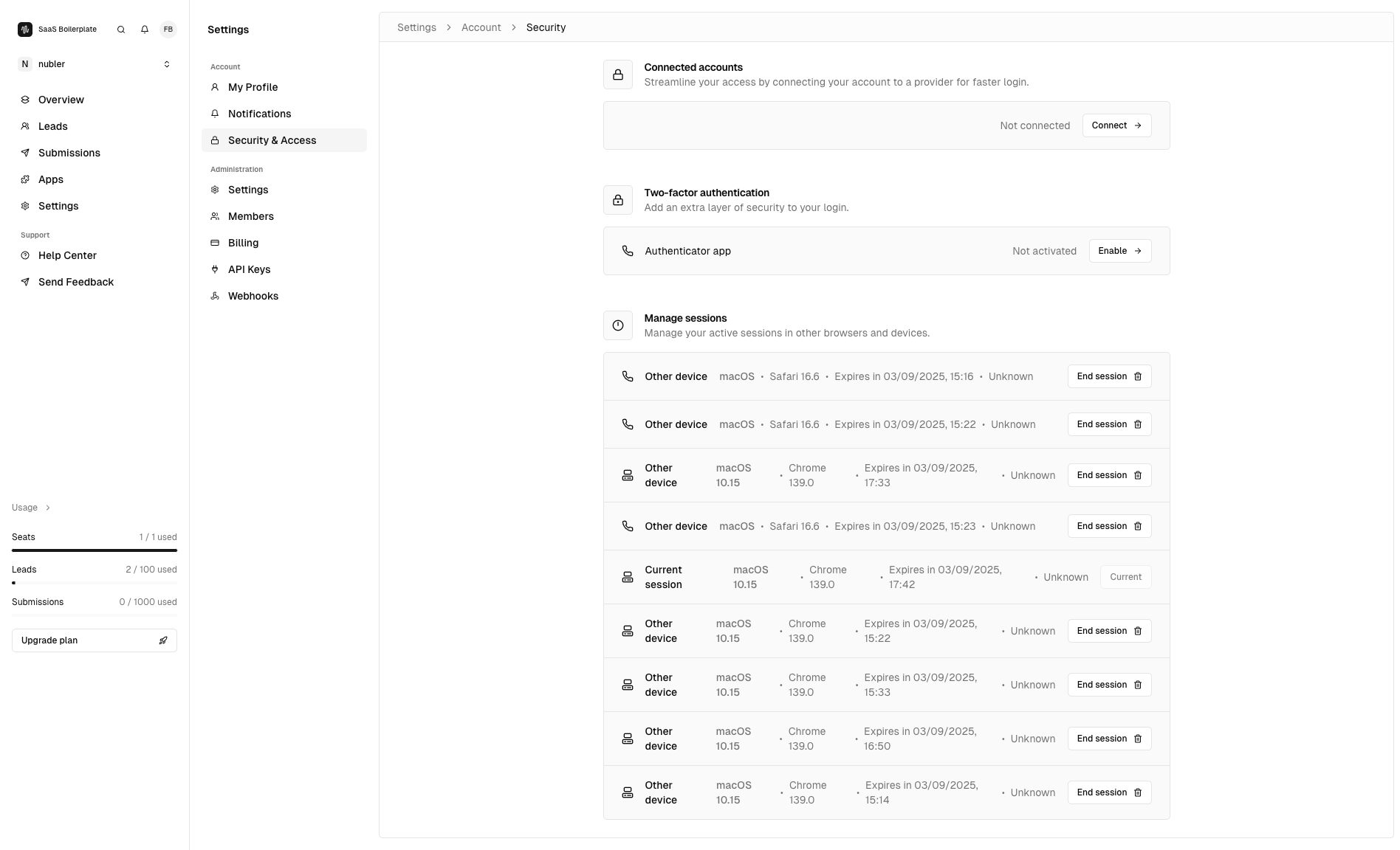 The Security & Access page showing security settings and session management.