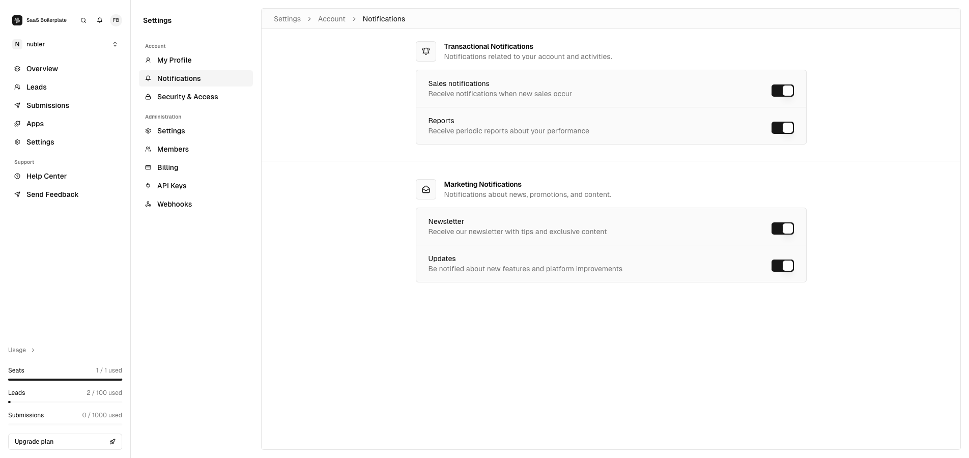 The Notifications page showing notification preferences for transactional and marketing communications.