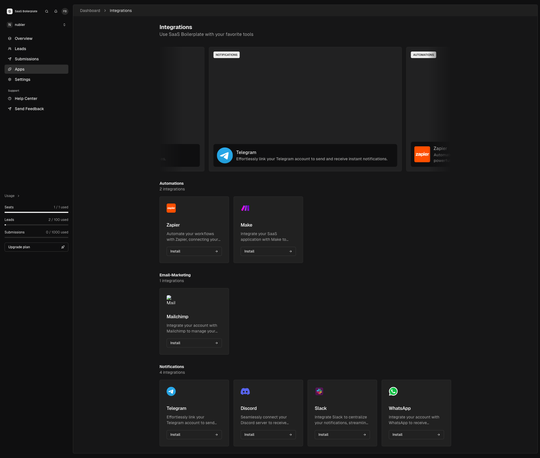 The Integrations page showing available integrations organized by category with installation options.